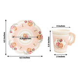 Set of 25 Paper Cups and Saucers in Dusty Rose with Rose Floral Print - Vintage Inspired Disposable Tea Party Decorations